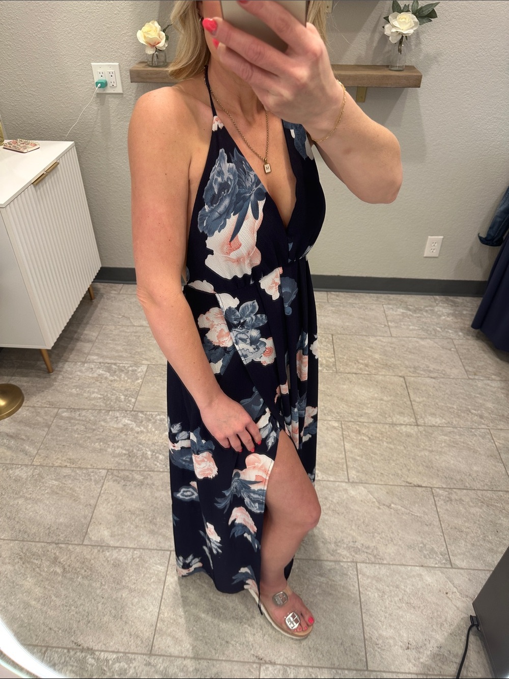Simplee Navy Floral Halter Maxi Dress with Blush Blooms